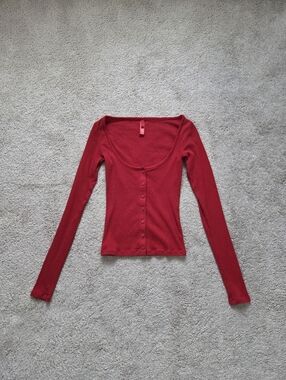 Skims Ribbed Cotton Red Henley Cardigan Size Xs